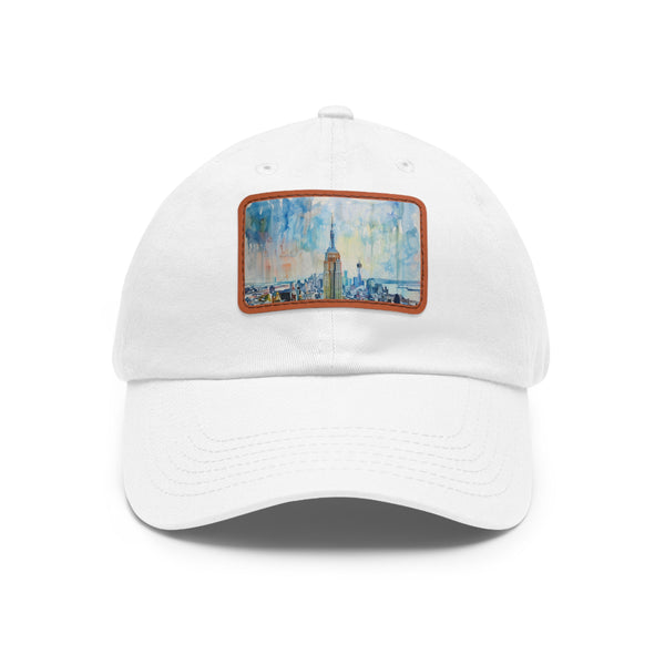 White cotton Empire Skyline Splendor cap with light brown rectangle patch.