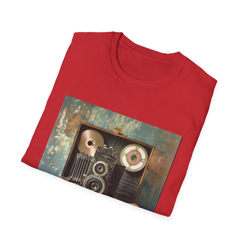Charcoal cotton t-shirt featuring vintage camera and film reels graphic