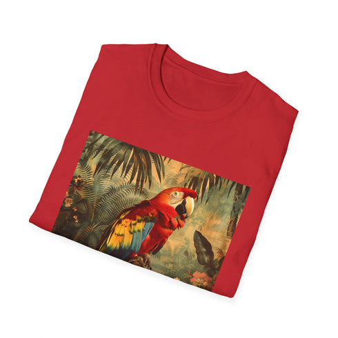 Vibrant charcoal t-shirt showcasing a colorful parrot on breathable cotton fabric