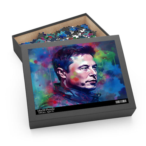 Vibrant watercolor Elon Musk jigsaw puzzle with neon colors.
