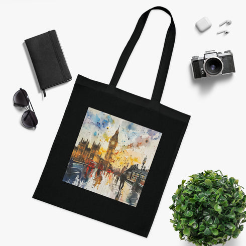 London Calling Big Ben Tote Bag in Black Cotton Material