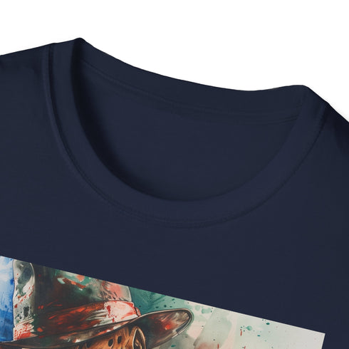 Charcoal cotton t-shirt featuring menacing Freddy Krueger design for horror lovers