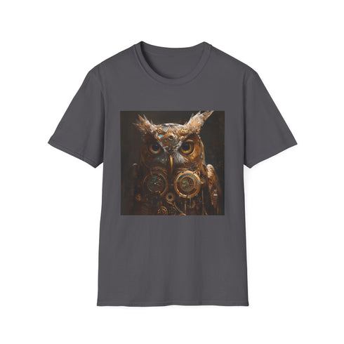 Steampunk owl charcoal t-shirt with intricate gears and cogs design