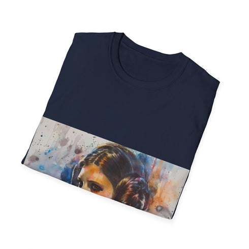 Charcoal Galactic Goddess Leia tee with watercolor design and soft cotton feel