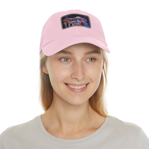 Psychedelic Mushroom Trucker Hat in White with Light Brown Rectangle Patch