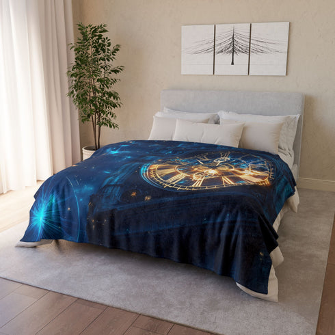 Clock Tower with Stars As Gears Plush Fleece Throw Blanket