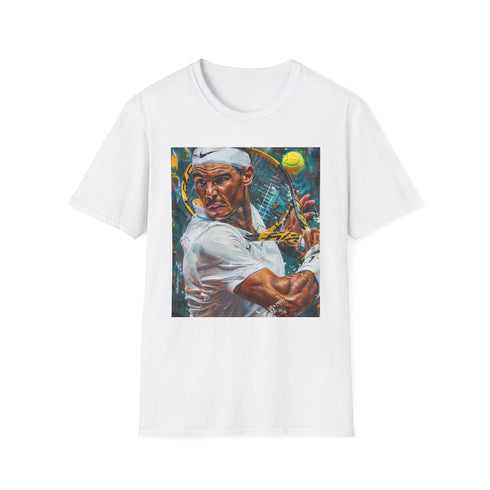 Charcoal cotton crew neck T-shirt with vibrant Nadal tennis painting