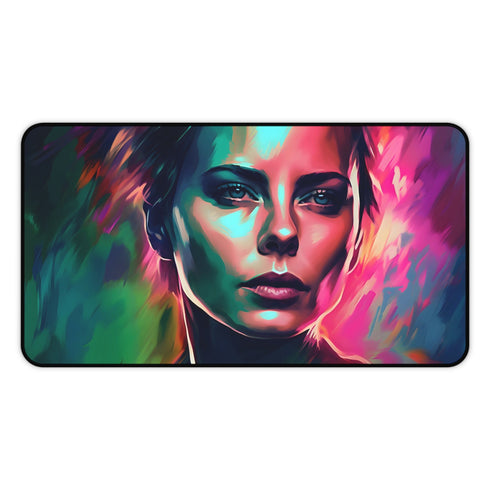 Colorful Charlize Theron watercolor desk mat for stylish workspace organization.