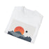 Charcoal crew neck cotton t-shirt with minimalist mountain and sunrise design