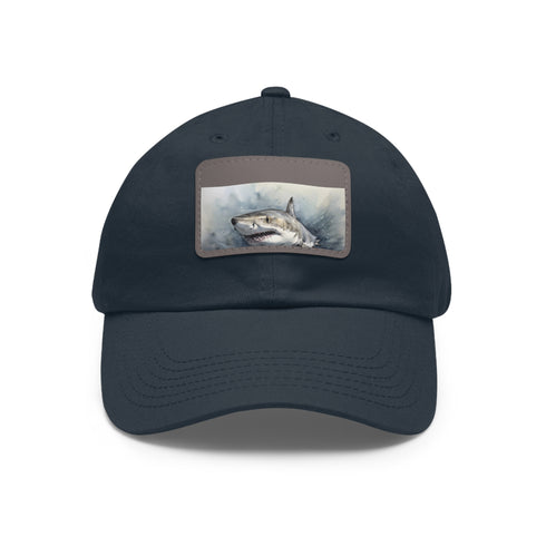 White cotton hat with light brown shark patch, ocean-inspired snapback cap.