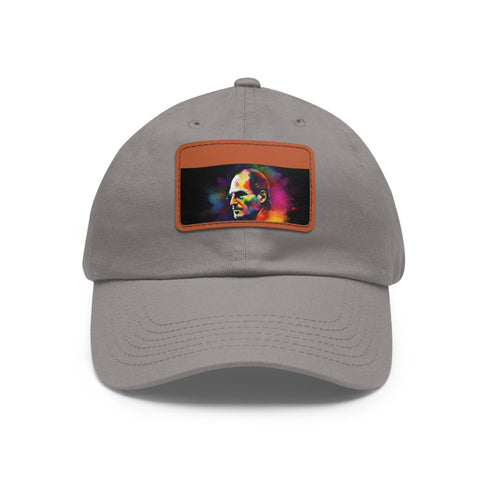 Neon Steve Jobs watercolor baseball cap with light brown patch.