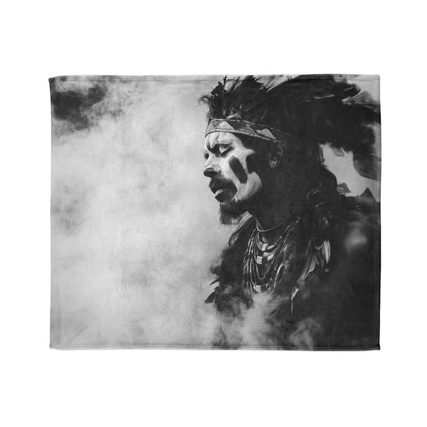 Tribal Warrior Made of Smoke — Plush Fleece Throw Blanket — Draped Over Sofa & Bed Lifestyle View