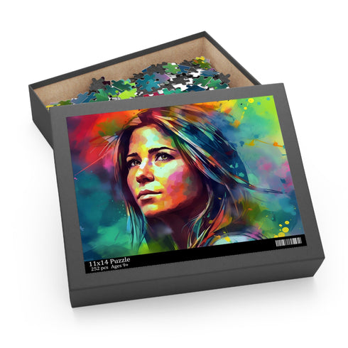 Jennifer Aniston watercolor puzzle in vibrant neon colors (120 pcs).