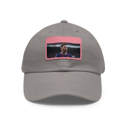 White cotton baseball cap with light brown patch, featuring Lionel Messi signature.