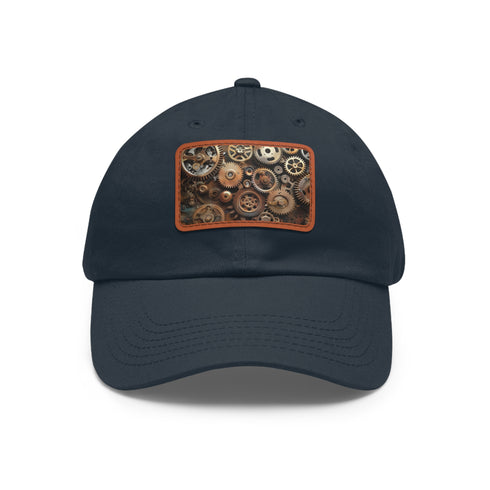 Steampunk cap with gears and cogs, white/light brown patch, rectangle shape.