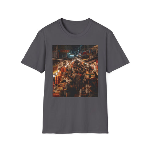 Charcoal crew neck cotton T-shirt with vibrant Asian night market design