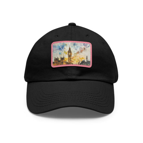 London Skyline Watercolor Baseball Cap in white with light brown patch