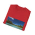 Charcoal cotton crew neck T-shirt featuring an idyllic tropical lagoon print