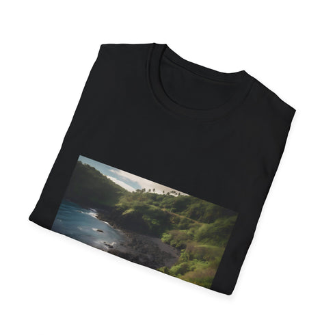Charcoal crew neck cotton T-shirt showcasing vibrant Maui landscapes