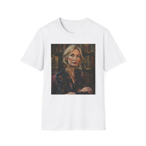 Charcoal T-shirt featuring vibrant J.K. Rowling portrait in soft cotton
