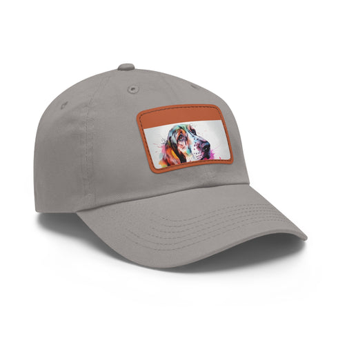 Cute basset hound white hat with light brown patch.