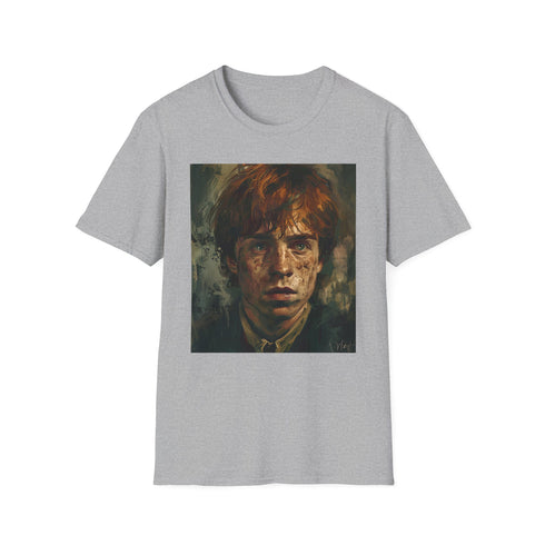 Charcoal crew neck cotton T-shirt featuring vibrant Ron Weasley portrait painting