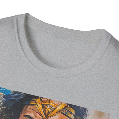 Charcoal cotton crew neck T-shirt with vibrant Wonder Woman portrait design