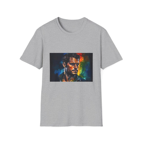 Charcoal cotton T-shirt with vibrant neon watercolor hero graphic