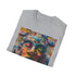 Charcoal cotton T-shirt showcasing vibrant neon tribal mask painting design