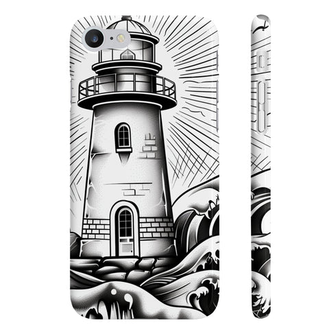 Coastal charm hand-drawn lighthouse phone case, glossy iPhone 7/8 Plus.