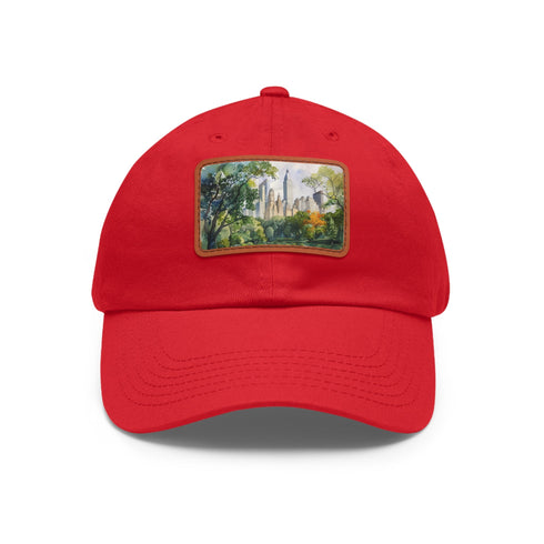 Central Park watercolor skyline baseball cap in white with light brown patch.