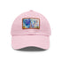 Eiffel Tower watercolor baseball cap in white with light brown patch.