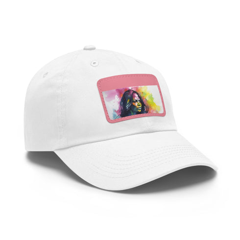 Baseball cap in white featuring "Neon Dreams" design with light brown patch.