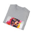 Charcoal cotton crew neck T-shirt with vibrant watercolor neon design