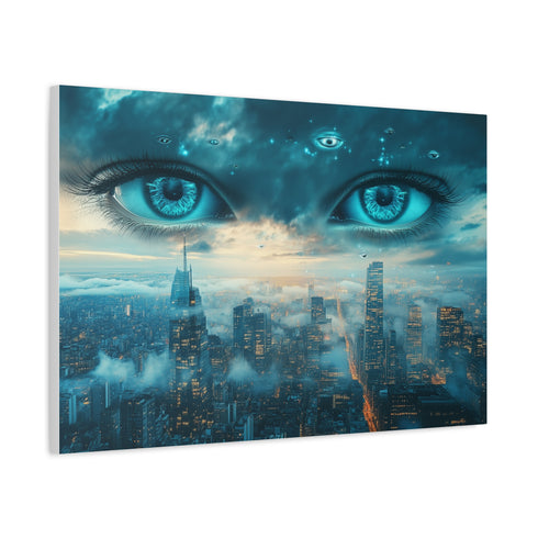 Floating Eyes Watching City from Sky Stretched Canvas Wall Art