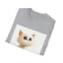 Cute gray cat graphic tee for men and women in size small.