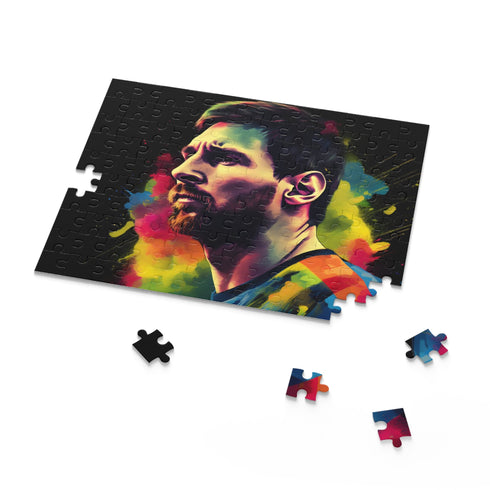 Messi watercolor neon puzzle featuring vibrant colors, perfect for fans.