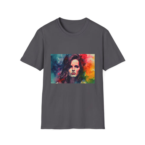 Vibrant charcoal cotton T-shirt with crew neck featuring colorful watercolor design