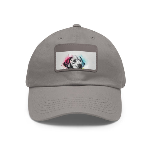 Dalmatian graphic cap in white with light brown patch and rectangle shape