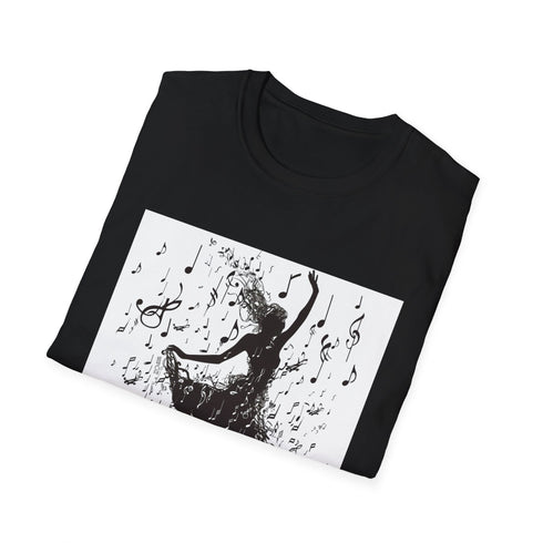 Charcoal silhouette dance t-shirt with musical notes and crew neck design