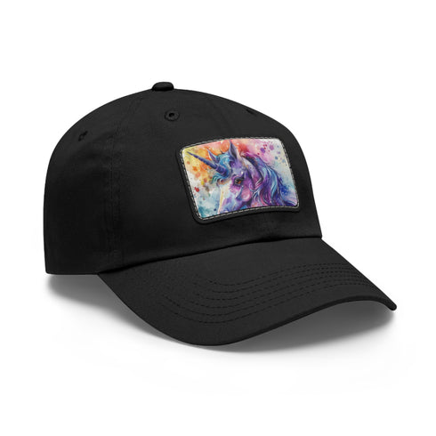 Magical unicorn watercolor baseball cap, white with light brown patch.