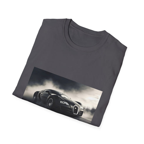 Charcoal cotton crew neck t-shirt featuring a vibrant racing Bugatti design