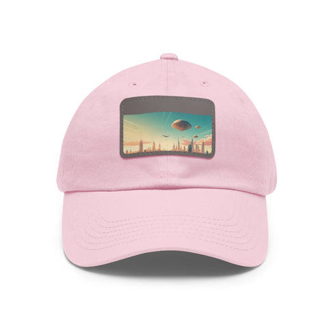 Futuristic city skyline design on white baseball cap for urban style.