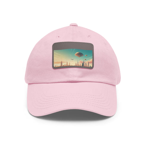 Urban skyline white cap with futuristic city design, rectangle patch.