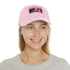 Neon watercolor charm baseball cap in white with light brown patch.