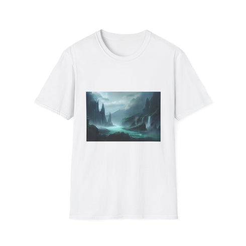 Charcoal cotton crew neck T-shirt with fantasy landscape design
