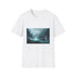 Charcoal cotton crew neck T-shirt with fantasy landscape design