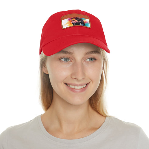 Neon Dreams cap: vibrant white cotton hat with light brown rectangle patch.