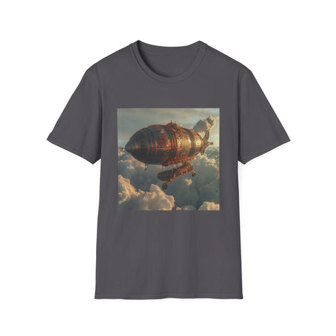 Charcoal cotton t-shirt featuring steampunk airship design for summer adventures
