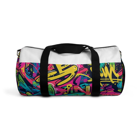 Neon graffiti duffel bag with vibrant urban pattern for travelers.